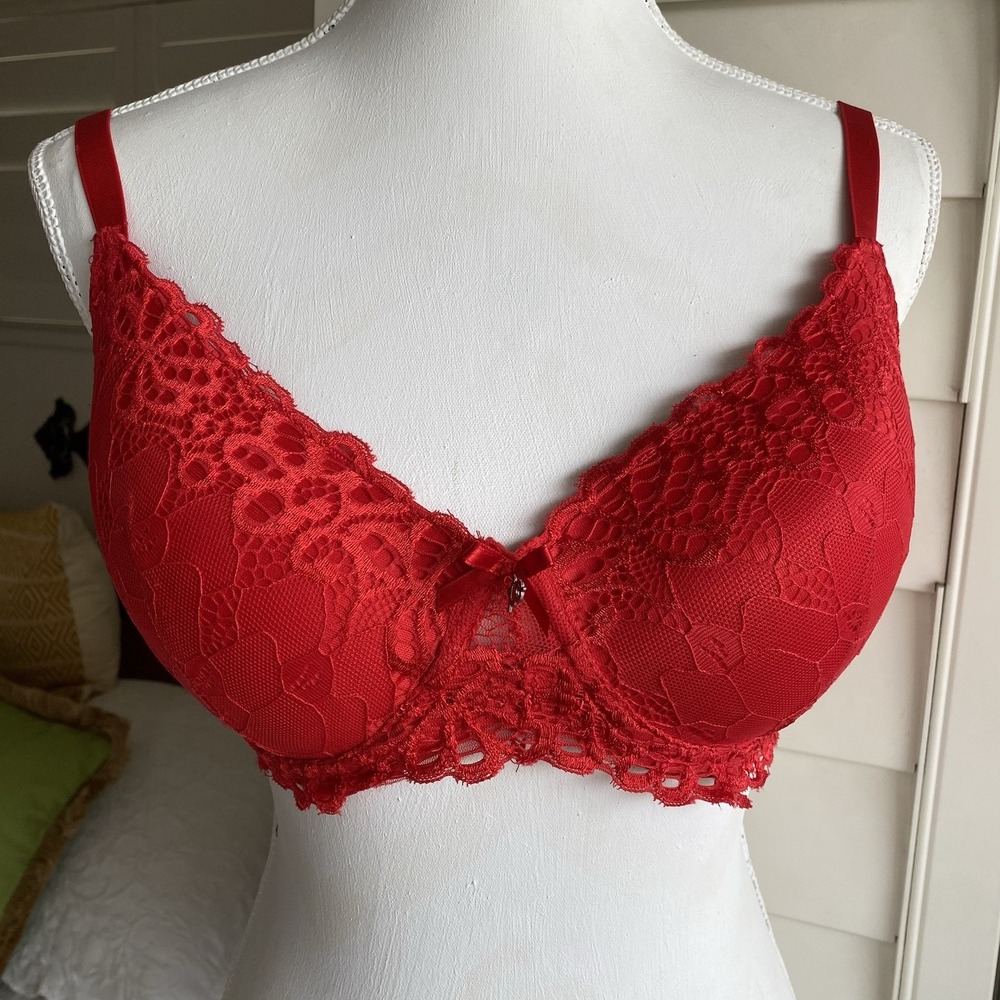XOXO Women's 36D Intimates Red Bra Triple Clasp Padded Push Up Sexy Lace